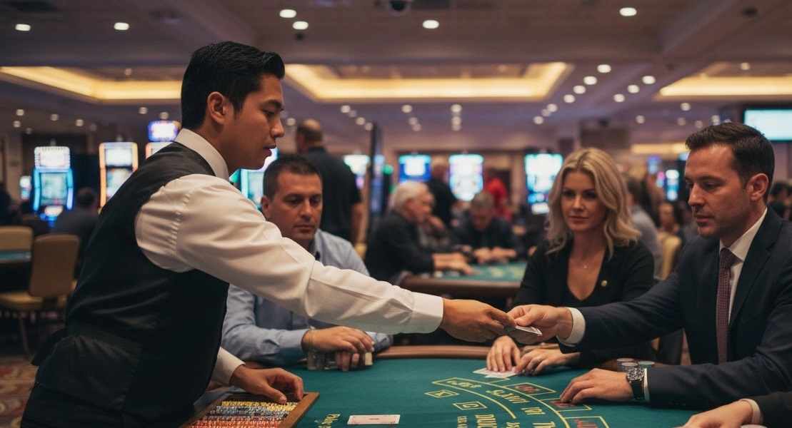 Dealer handing cards to players at a casino blackjack table.