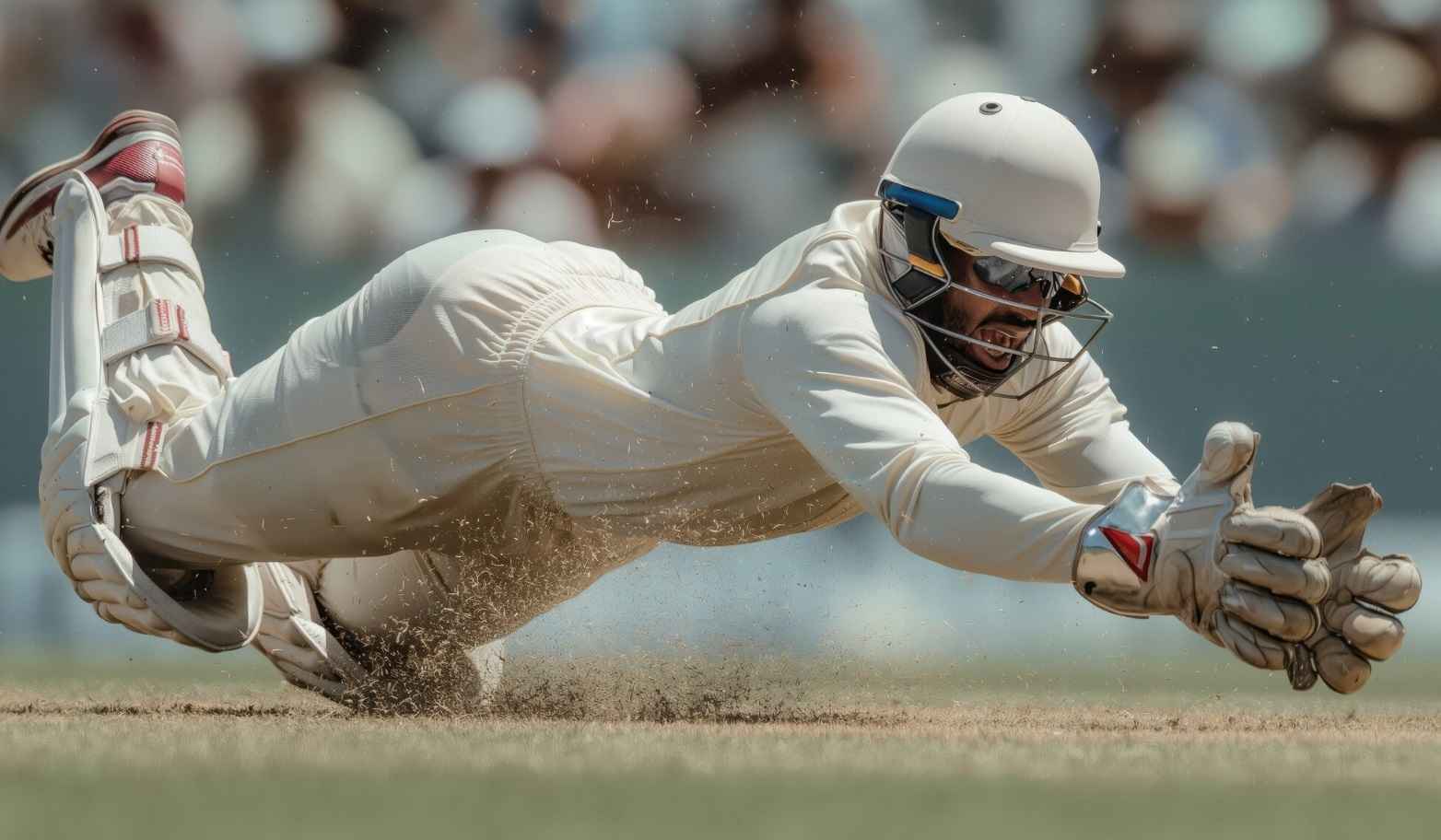 Cricket fielder diving forward to take a low catch