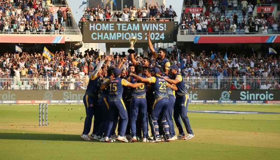 Cricket team celebrating championship victory with trophy
