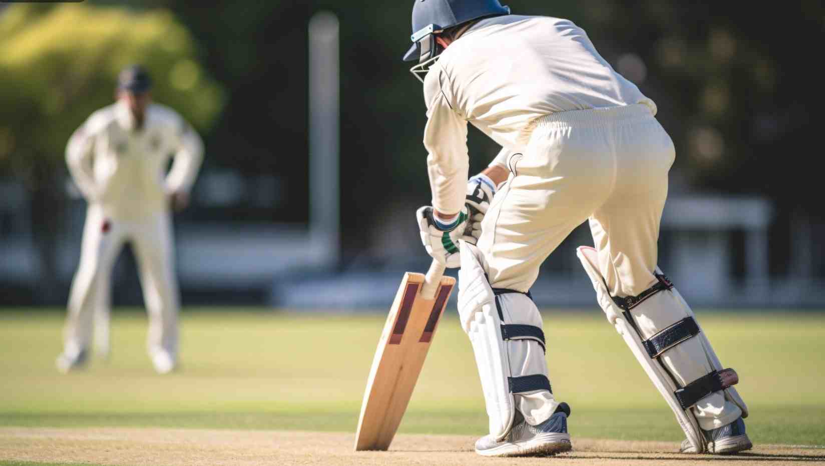 Cricket batter set at the crease facing a delivery