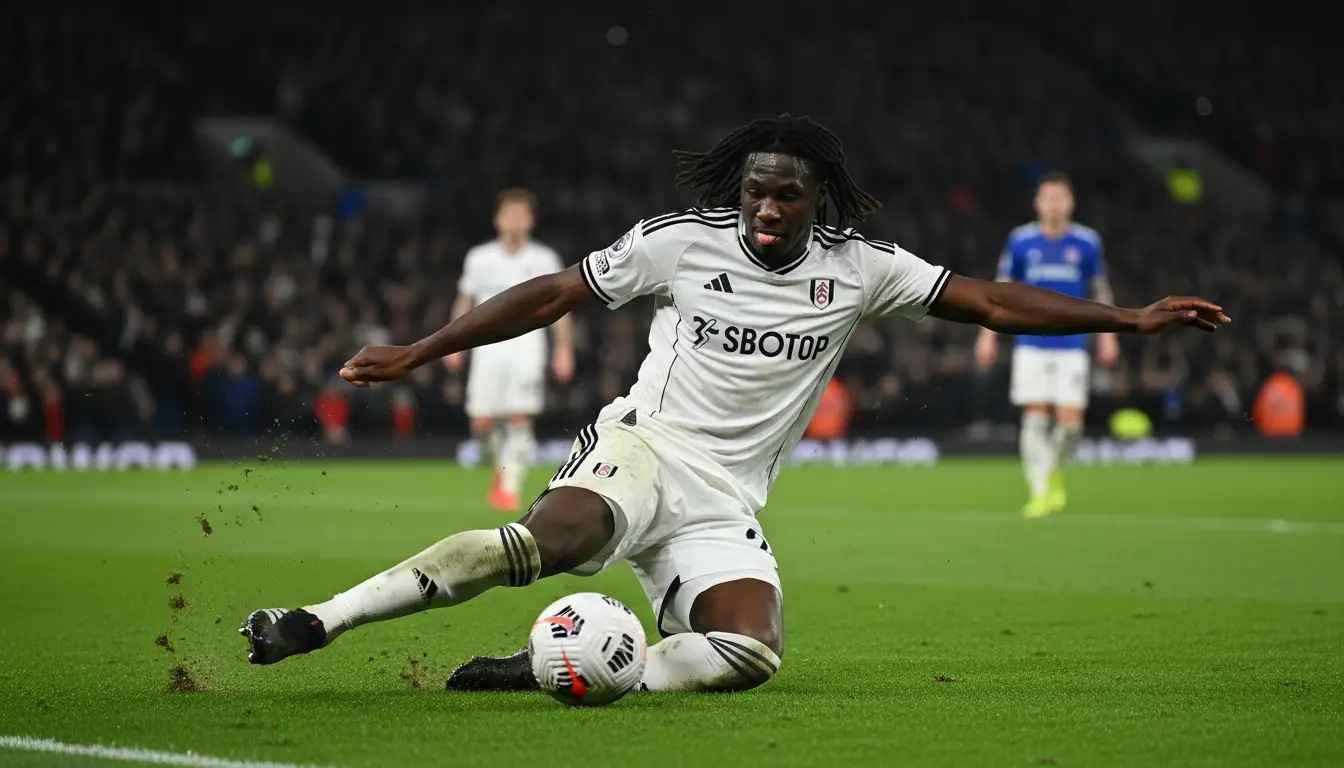 A Fulham player fights for the ball